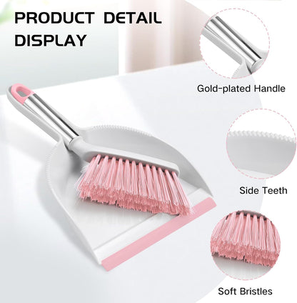 NACENA Mini Broom and Dustpan Set, Small Dust Pan and Brush Set with Handle Dustpan Teeth for Cleaning Hair Suitable for Office Desks Drawers Sofas Outdoor Camping, Light & Purple