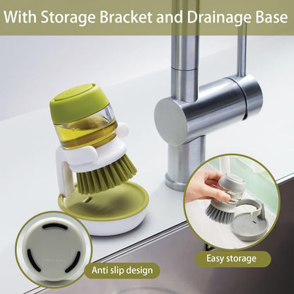 Soap Dispenser Dish Brush, Palm Brush Scrub Brush, with Storage Bracket and Drainage Base, Gray