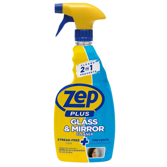 Zep Plus Glass & Mirror Foaming Cleaner 32 oz (2 Units) and a Blue Microfiber Rag ECBD025-2-Pack Ammonia-Free Anti-Fog Streak-Free Mirror and Glass Cleaning with a Reusable Rag