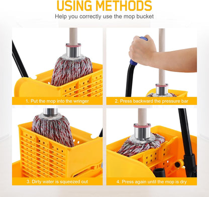 Ridgeyard 5.28 Gallon Side Press Yellow Mop Bucket with Wringer, Mop Bucket with Wringer Set for Home Use, Dirty Water Separator, 11x16.92x27.55 Inch