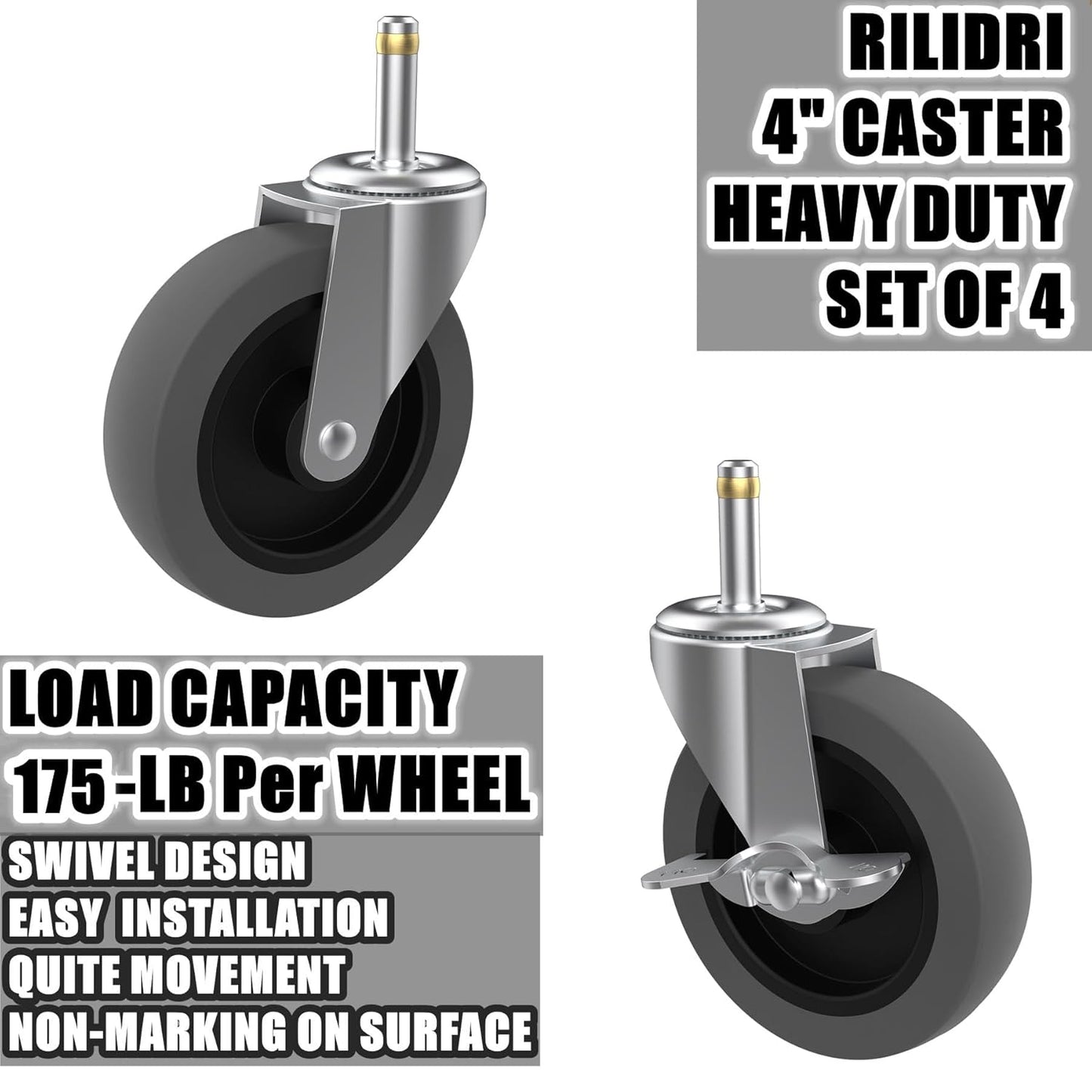 RILIDRI 3-Inch Swivel Stem Caster for Rubbermaid Mop Bucket Utility Cart, 7/16-Inch Stem Diameter Rubber Wheel Set of 4, Heavy Duty TPR Weber Grills Shop Vac Replacement Wheels