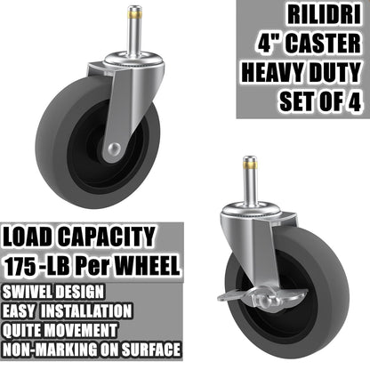 RILIDRI 3-Inch Swivel Stem Caster for Rubbermaid Mop Bucket Utility Cart, 7/16-Inch Stem Diameter Rubber Wheel Set of 4, Heavy Duty TPR Weber Grills Shop Vac Replacement Wheels