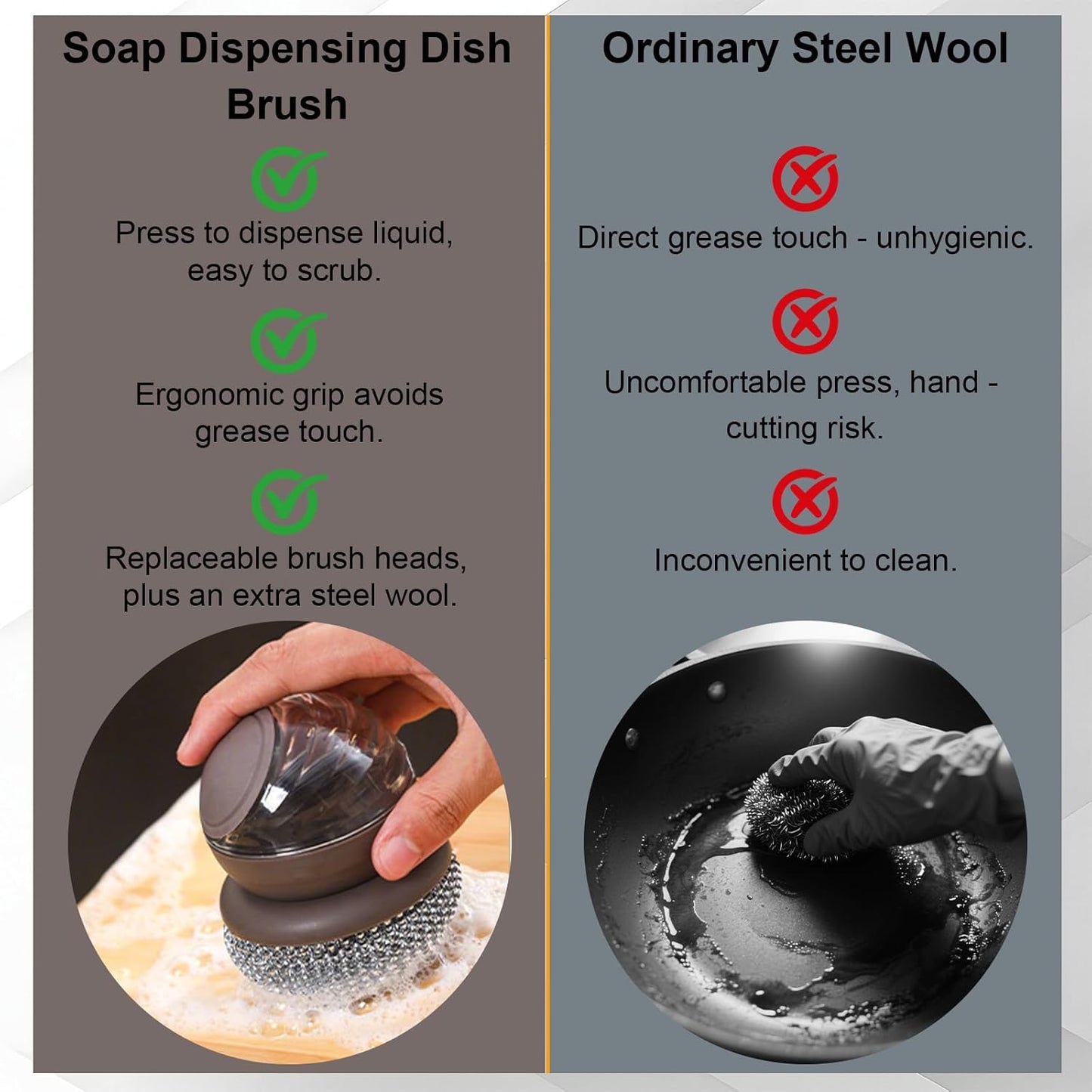 Dish Brush with Soap Dispenser, Steel Wool Scrubber with Replaceable Steel Wool, Pan Scraper and PET Scouring Pad, Wire Brush for Cleaning Cast Iron, Grill Pans, Stock Pots, Grills, Sinks (White)