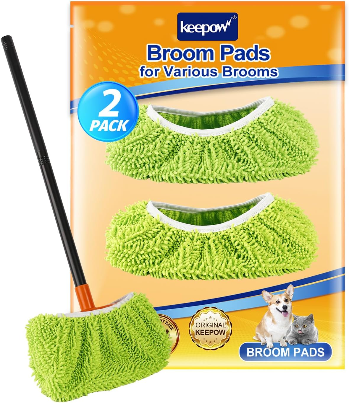 KEEPOW 4 Pack Washable Chenille Broom Pads, Baseboard Cleaner Cloth Covers for Daily Dusting, Reusable Broom Covers Compatible with Standard Brooms Under 11×5.9 in for Floors & Walls (Blue & Green