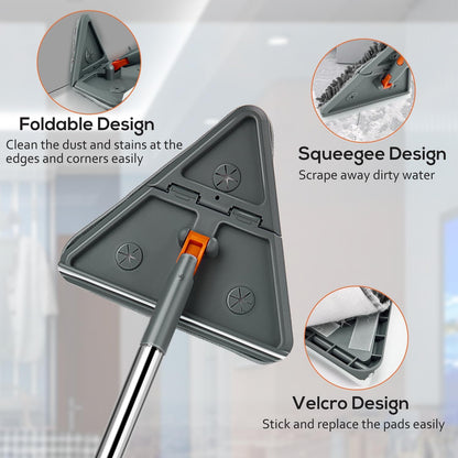 Base Board Cleaner Tool with Handle, 360 Rotating Wall Cleaner Mop, 180 Folding Ceiling Tool Duster with Squeegee for Cleaning Wall, Ceiling, Window, Floor, 8 Replacement Cleaning Pads