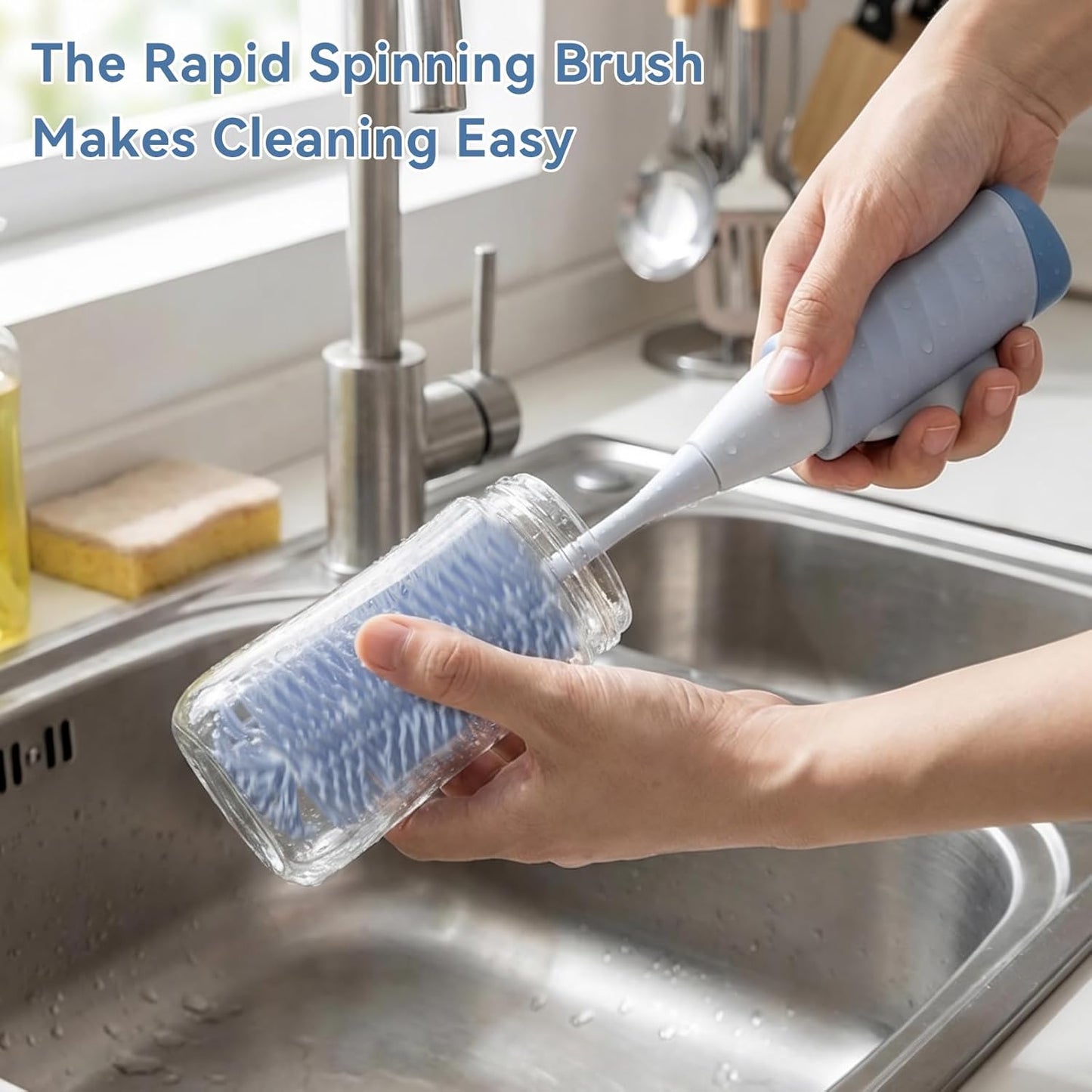 Baby Bottle Brush Set, Innovative Efficient Press-to-Spin Brush Cleaner - Includes Silicone Bottle Brush, Nipple Brush, Straw Cleaner - Spinning Generates Rich Foam for Deep Cleaning, Blue