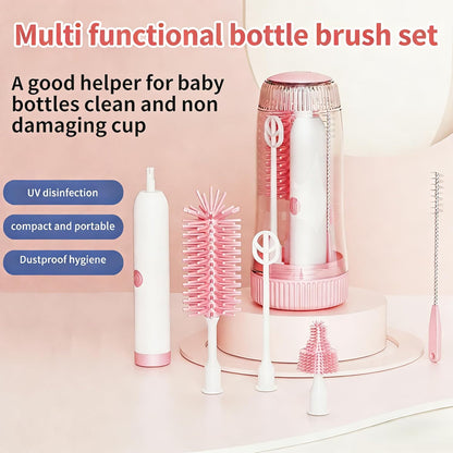 Portable Electric Silicone Bottle Brush Set, 7-in-1 UV Light USB Charging, Nipple/Straw Cleaner, Milk Mixer, Built-in Drying Rack & Storage Case, BPA-Free, IPX7, On-the-Go for New Parents (Mint)