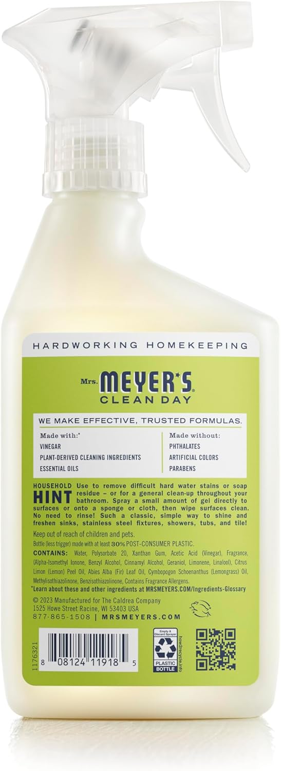 MRS. MEYER'S CLEAN DAY Vinegar Gel Cleaning Spray, Bathroom Use, No-Rinse Formula, Lemon Verbena, 16 Fl Oz, Pack of 1