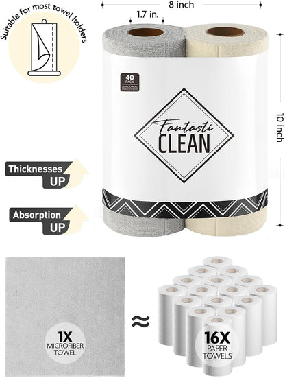 Fantasticlean Kitchen Towels - 40 Sheets - Reusable Washable Dishcloth Rolls, Super Absorbent, Premium Microfiber Cleaning Cloths, 10'' by 10'' (Beige, MossGreen)
