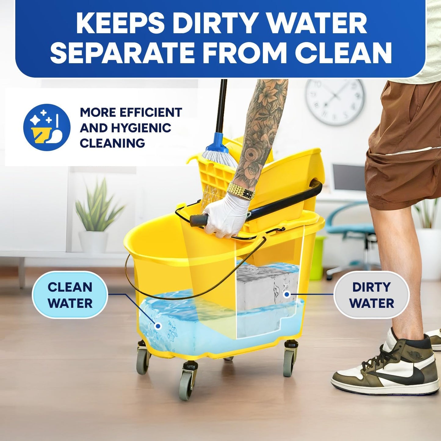 PLASTIC PRINCE Small Mop Bucket with Wringer on Wheels 5 Gallon, Heavy Duty Dual Chamber Mop Bucket Separate Dirty Water, Perfect for Household, 20 Quart Yellow