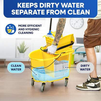 PLASTIC PRINCE Small Mop Bucket with Wringer on Wheels 5 Gallon, Heavy Duty Dual Chamber Mop Bucket Separate Dirty Water, Perfect for Household, 20 Quart Yellow