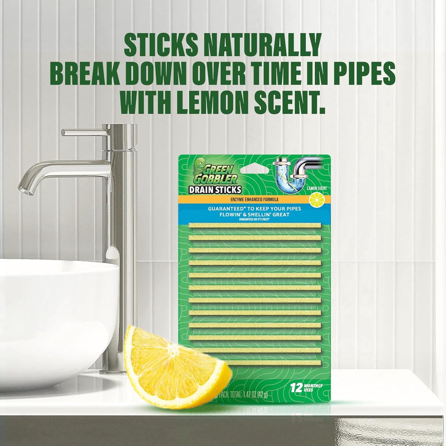 Green Gobbler Drain Cleaner & Deodorizer FRESH SCENT Sticks for Toilet Tanks, Sinks, Bathtub Drains, Washing Machine Drains and Garbage Disposals - 24 Pieces