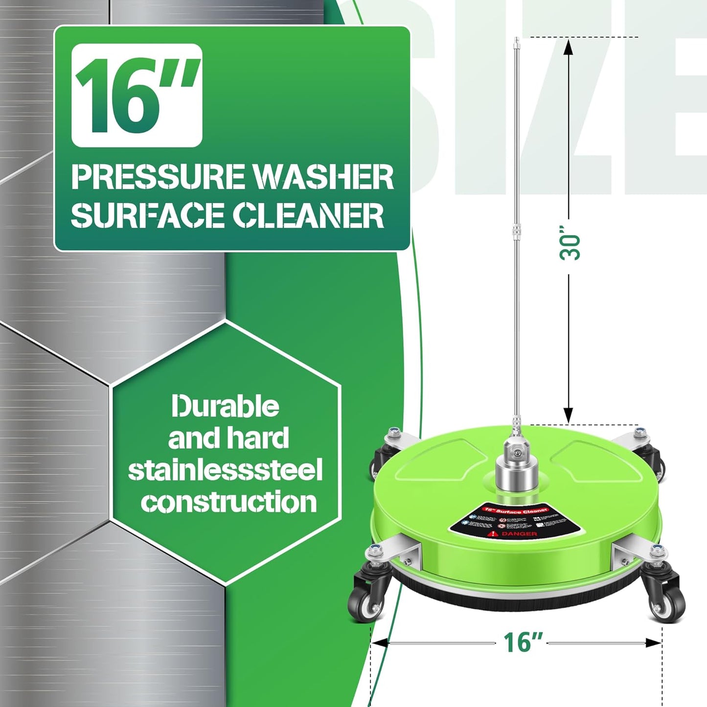 14" Pressure Washer Surface Cleaner with 4 Wheels - Stainless Steel Surface Cleaner for Pressure Washer Attachment for Concrete, Patio, Sidewalk, Deck and Driveways - PWS14