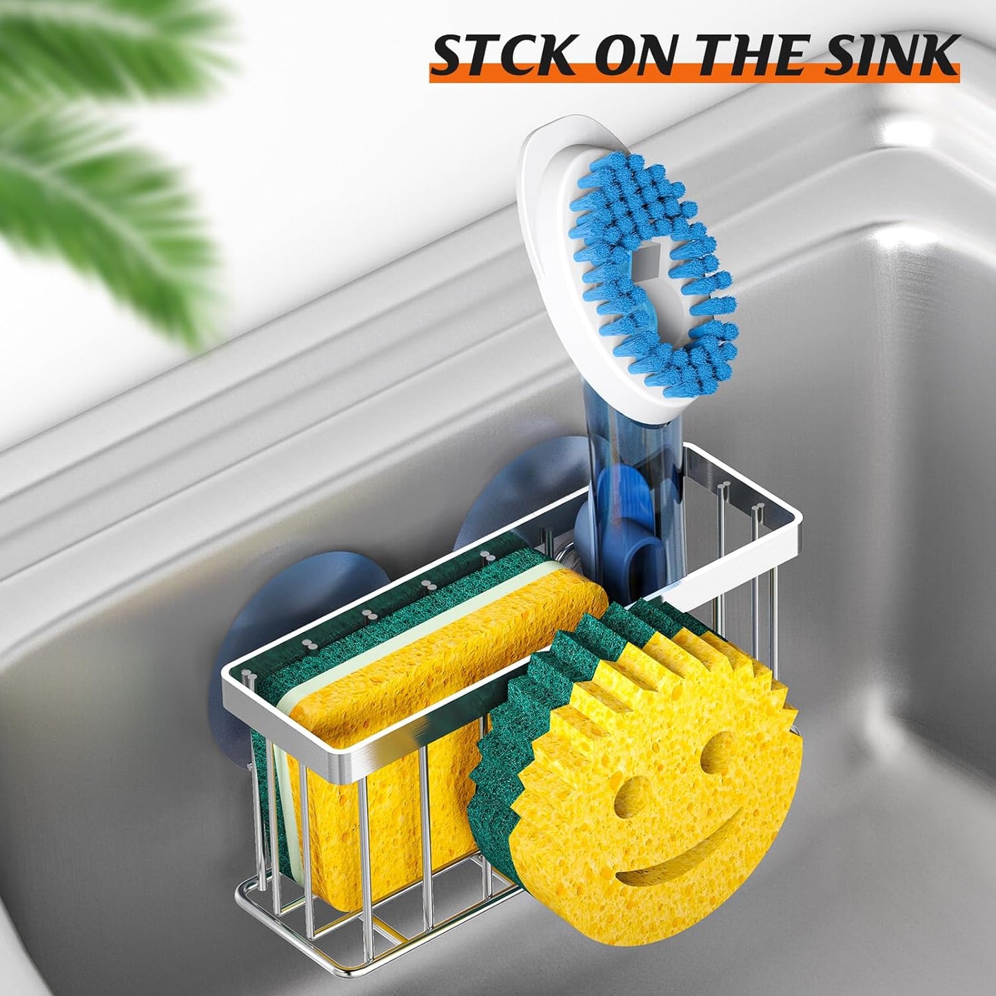 MURLONG Sponge Holder Smiley Face, Sink Caddy for kitchen Sink, Kitchen Organizer Sponge Holder with 2 PCS Suction Cups/1 PCS Adhesive Strips, Designed for Sponge, Soap, Dish brush, Scrubber-Black