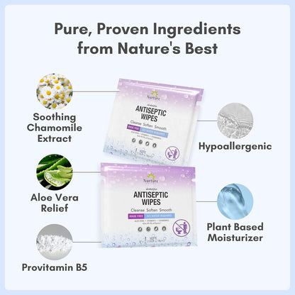 XL Individually Wrapped Nurture Antibacterial Body & Hand Wipes | Alcohol-Free Antiseptic Wet Disinfecting Towelettes for Germ Removal, Sanitizing Hands |Cleaning Cloths| Adults & Baby| Thick & Strong
