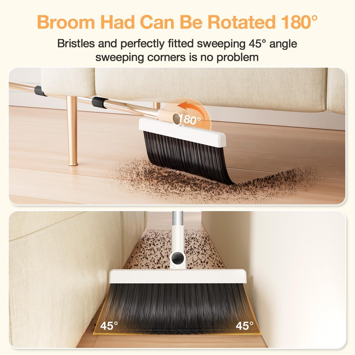 Broom with Dustpan Combo Set,UOEOS One-Sweep Clean,Pet Hair Removal Broom with Self-Cleaning Double-Layer Teeth,High Density Broom and Windproof Dustpan for Indoor&Outdoor