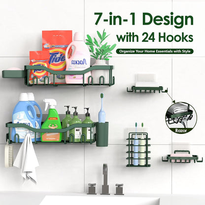 NESOMI Shower Caddy Adhesive Shower Organizer 7-Pack, Rustproof Stainless Steel Bathroom Shelves, Large Capacity No-Drill Rack Storage Accessories with Soap Dish Toothbrush Holder &24 Hooks Home Decor