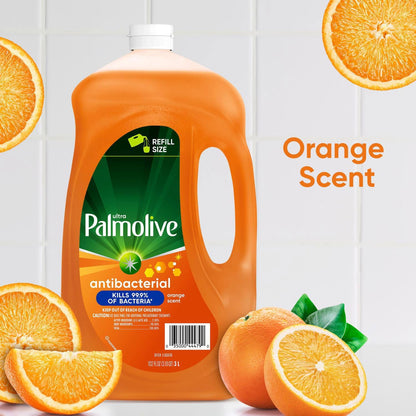 Ultra Palmolive Antibacterial Dishwashing Liquid Dish Soap Orange Scent, Refill 102 Fl. Oz. Kills 99.9% of Bacteria, bundled with Heavy Duty Scotch Brite Sponge
