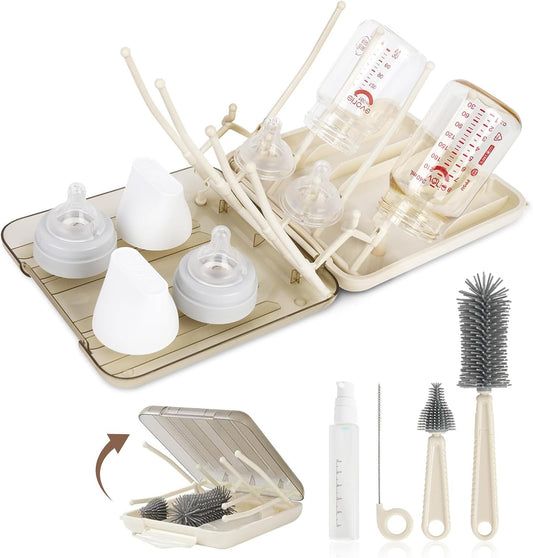 Baby Bottle Brush Set, 6-in-1 Travel Bottle Cleaner Kit with Silicone Bottle Brush, Nipple & Straw Brush, Soap Dispenser, Drying Rack, Storage Box – Compact Baby Travel Essential for Home & On-The-Go