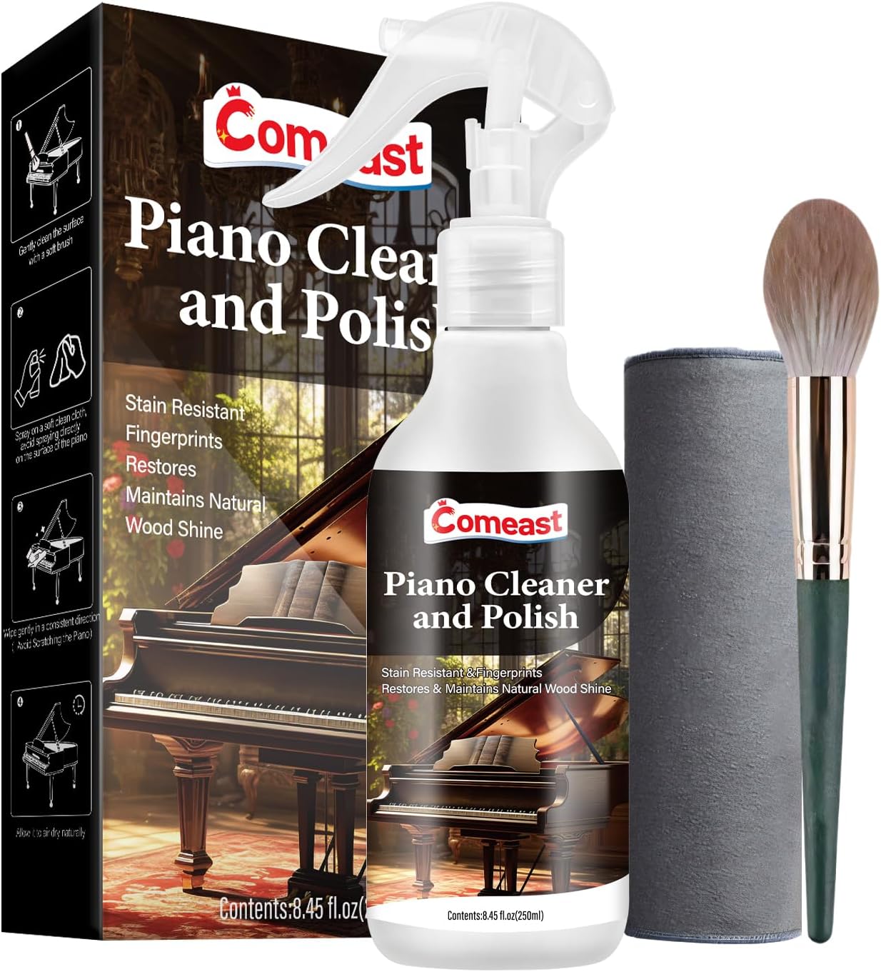 Piano Cleaner and Polish, Clean, Wax and Protect Glossy All in One Bottle Restore the Shine, Remove Fingerprints and Stains, and Enhance the Brightness of the Wood or Lacquer Finish, 8.45 Fl Oz