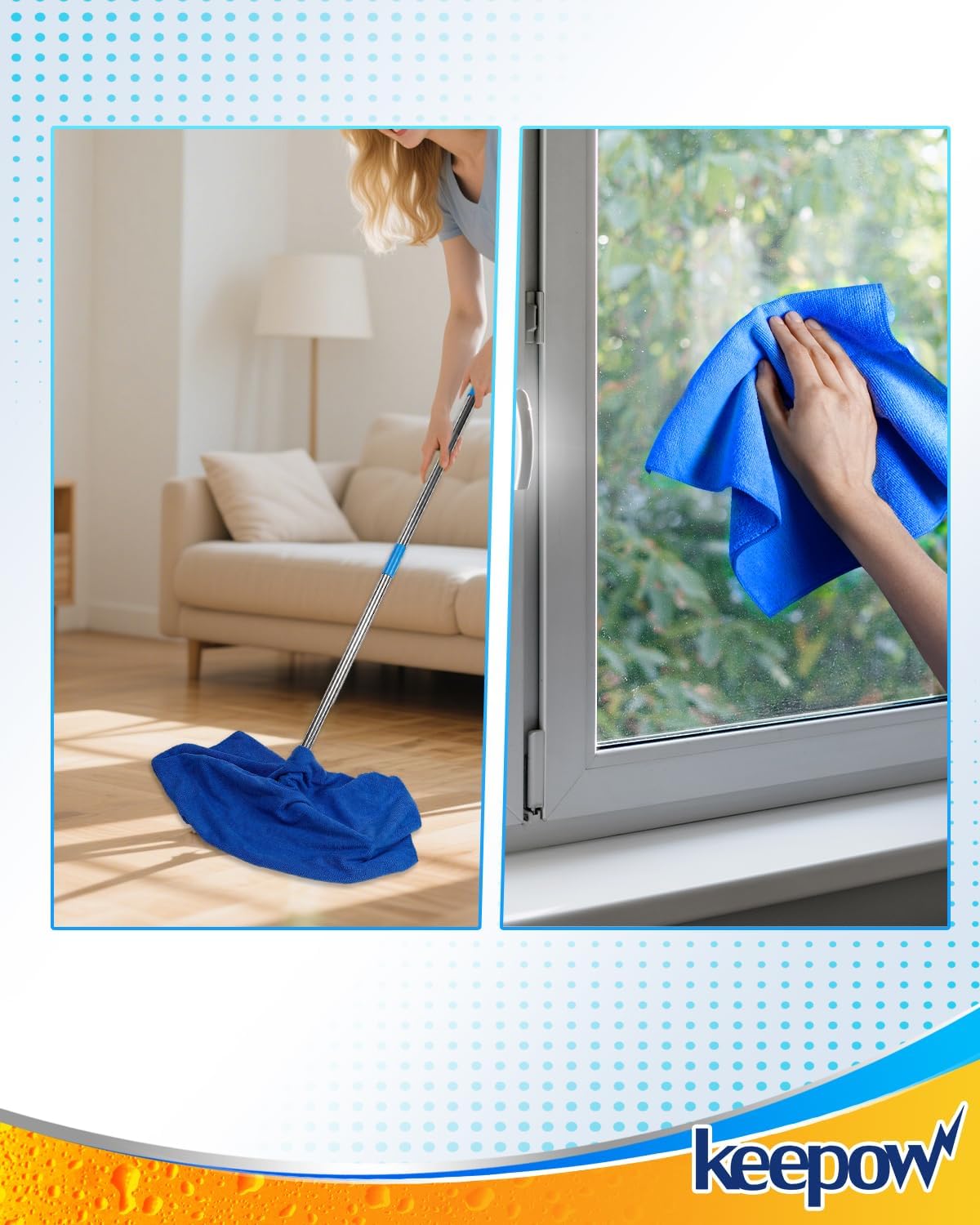 KEEPOW 6PCS Extra Large Microfiber Cleaning Cloth, 30"x20" Washable Reusable Floor Cloth for Squeegee Mop House Floor Kitchen Car Window Highly Absorbent, Lint and Streak Free (Green & Blue & Grey)