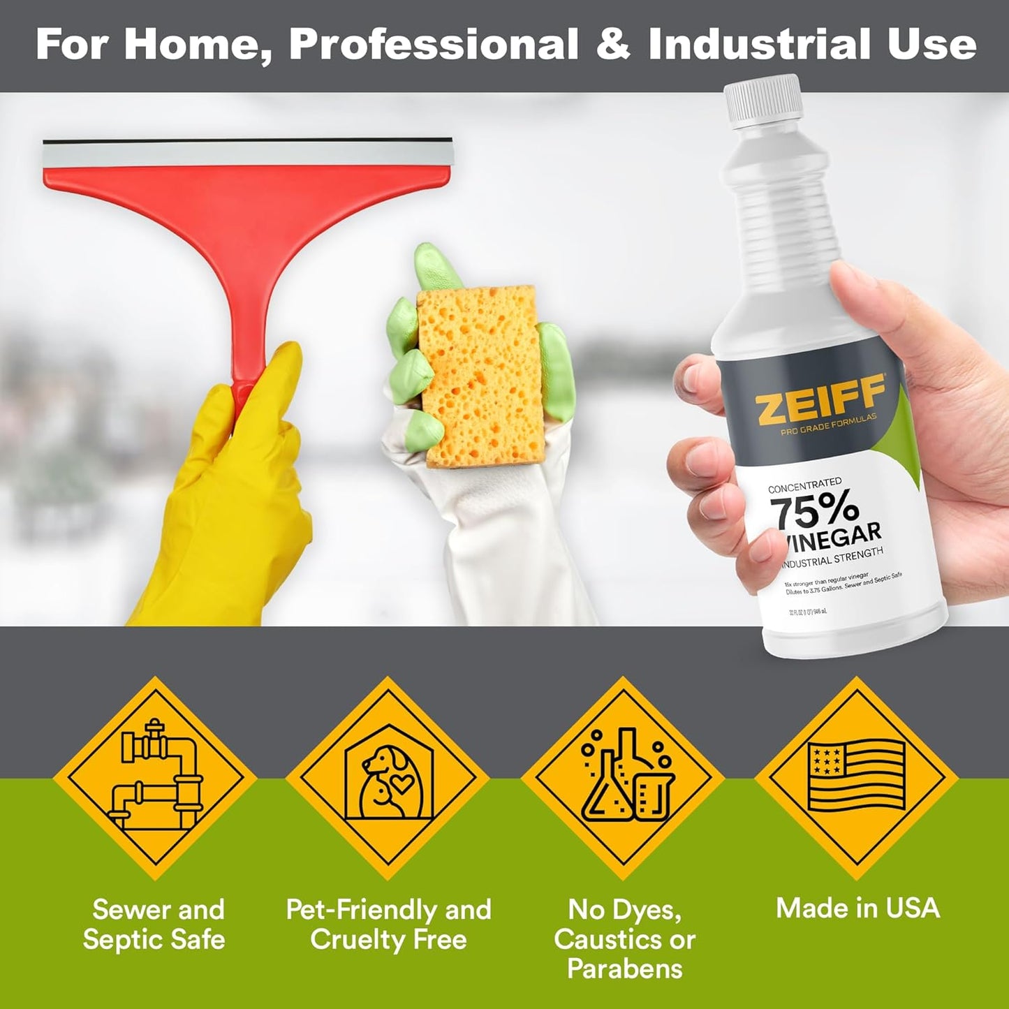 Zeiff 75% Pure Concentrated Vinegar - Technical Grade Acetic Acid Solution for Home and Outdoor Use - Cleaning Vinegar for Home & Laundry - 32 Oz, 2 Pack