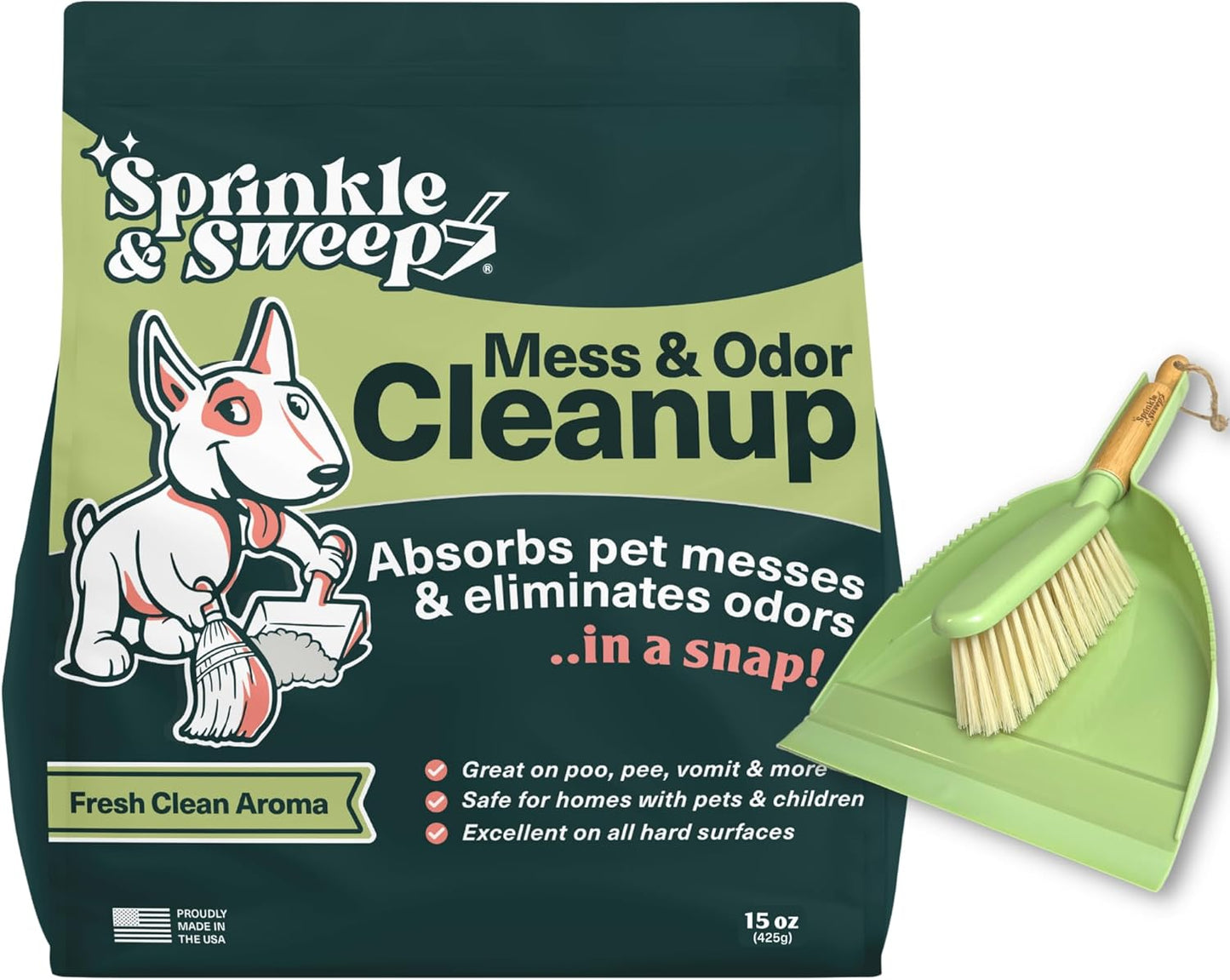 Sprinkle & Sweep: Pet Mess & Odor Cleanup - 15oz Bag - Dog Accident & Mess Clumping Powder, Remove Pee-Poop-Vomit from Hard Surfaces, Ultra-Absorbent