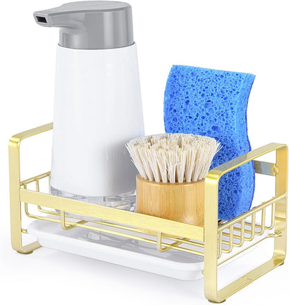 HULISEN Large Sponge Holder, 304 Stainless Steel Kitchen Soap Dispenser Caddy Organizer, Countertop Soap Dish Rack Drainer with Removable Drain Tray, not Including Dispenser and Brush, Silver
