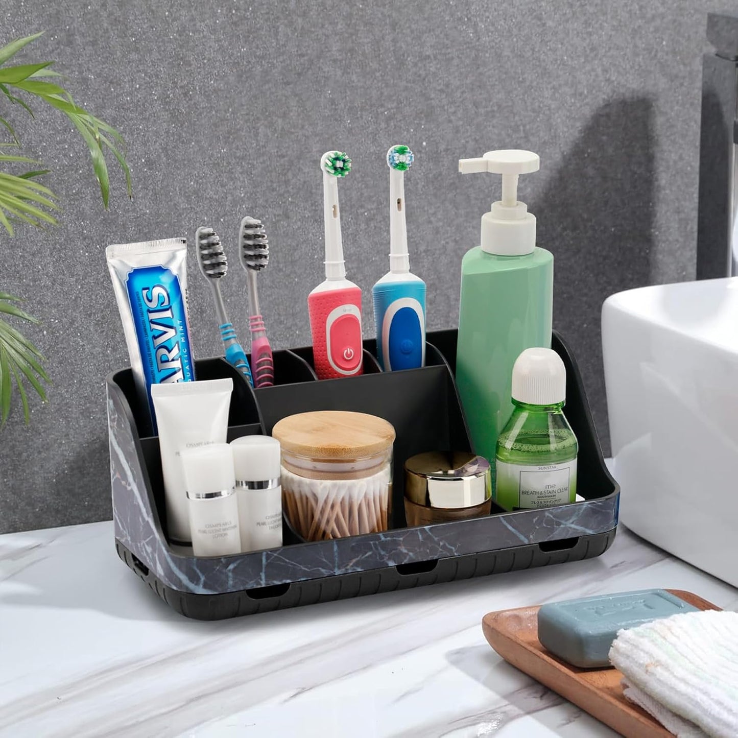GFWARE Wood Toothbrush Holders for Bathrooms Countertop Organizer - Detachable 7 Slots Kid Bathroom Decor and Accessories, Wooden Bathroom Sink Storage Organization, Caddy, Tray, Brown