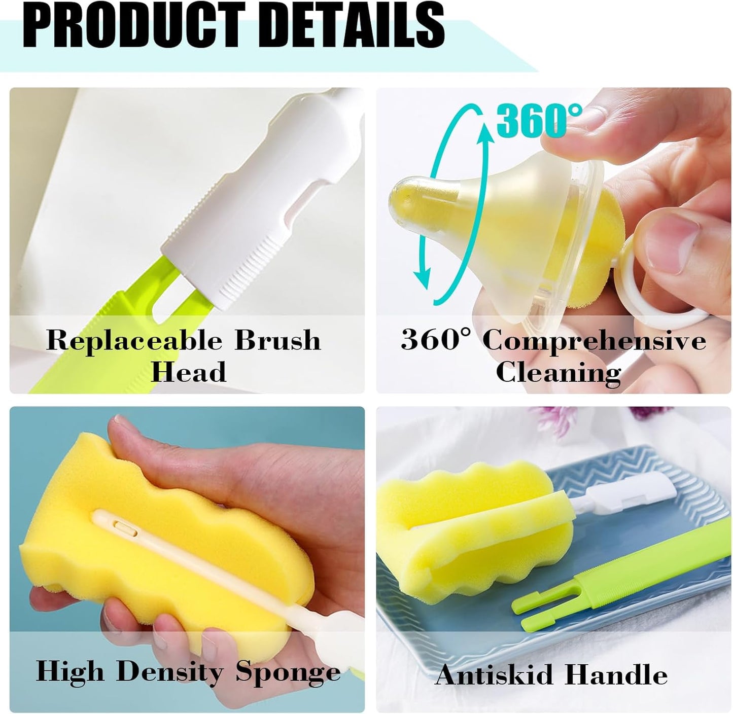 Baby Bottle Cleaning Brush 6-Piece Set Detachable Sponge Bottle Brush, Nylon Milk Bottle Brush, 2PCS Nipple Brush, 2PCS Straw Brush (Pink)
