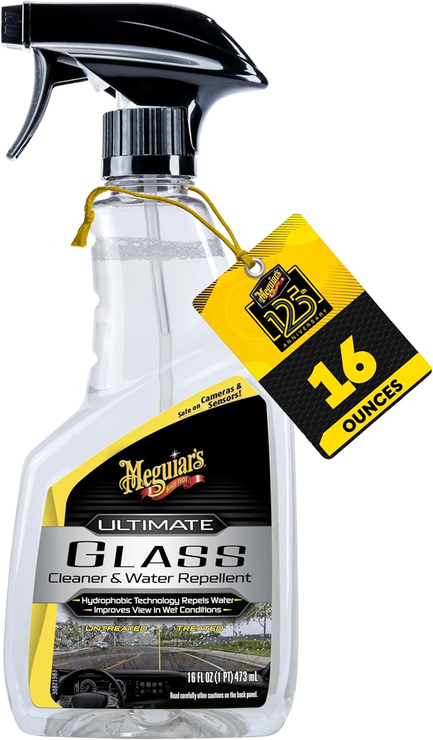 Meguiar's Ultimate Glass Cleaner & Water Repellent - Premium Glass and Window Cleaner for Quick Cleaning with Hydrophobic Technology that Acts as a Rain Repellent Improving Visibility in Rain - 16oz