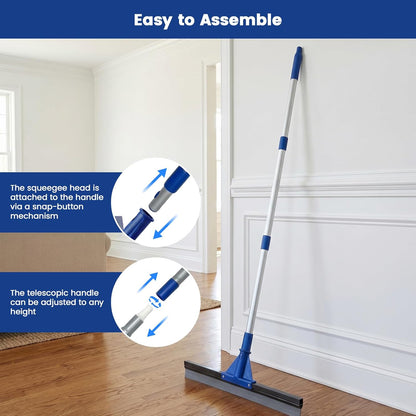 Floor Squeegee for Concrete Floor, 18'' Rubber Wiper Squeegee Broom with 60" Long Handle, Commercial Scrubber Mop for Bathroom Kitchen Pool Glass