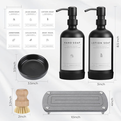 [Luxury] Kitchen Soap Dispenser Set - 16OZ Amber Glass Bottle, Stainless Steel Pump, Instant Dry Tray, Waterproof Labels, Non-Slip Silicone Pad, and Dish Brush | Upgrade for Your Kitchen and Bathroom