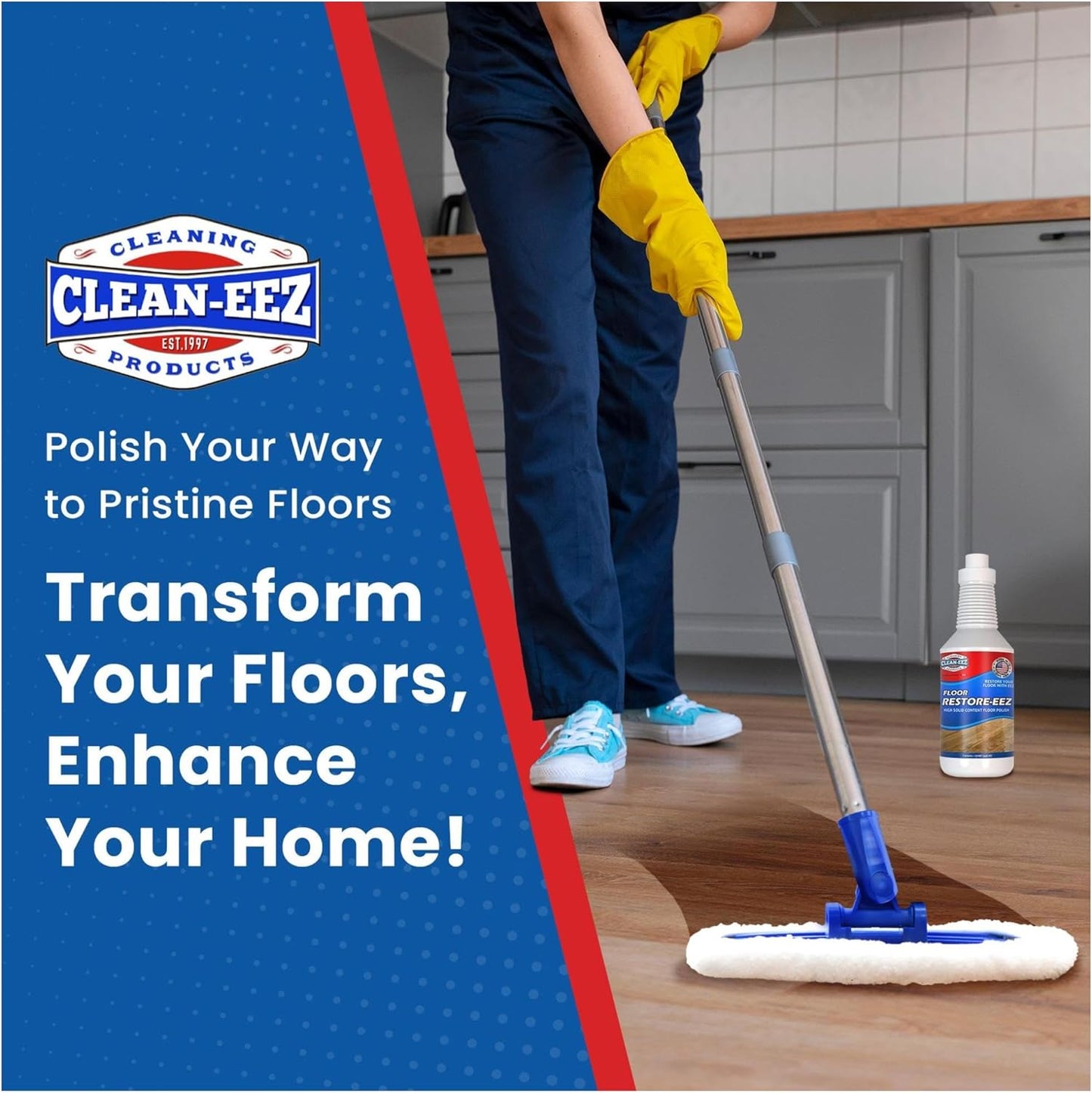 Clean-eez Ultimate Floor Restorer & Polish - Revitalize, Protect, Shine Wood, Laminate, Vinyl, Bamboo, Slate, Terracotta & More (1 Bottle W/Microfiber)