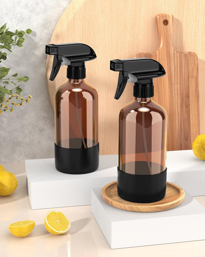 Bontip Glass Spray Bottle with Silicone Sleeve Protection, Amber Glass Spray Bottle Set for Window Cleaner Aromatherapy Facial Hydration Watering Flowers Hair Care 2 Pack/16 oz (Black & Brown)