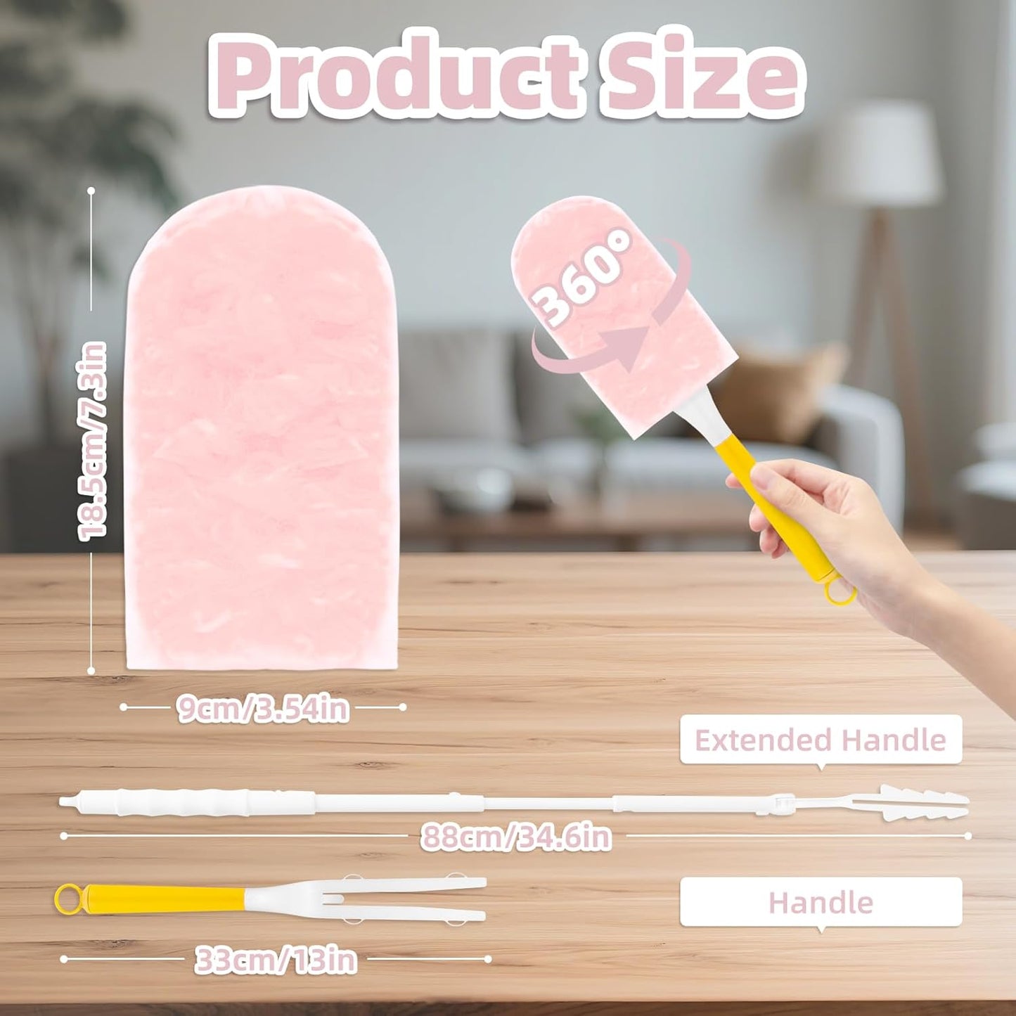 Heavy Duty Dusters Refills, Disposable Dusters Kit Compatible with Swiffer Handles, Multisurface Dusters+1 Extended Handle +1 Handle (Pink, 360°)
