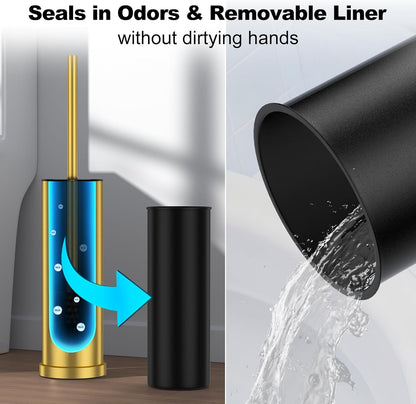 Bronze Toilet Brush and Holder Set，Stainless Steel Heavy Duty Toilet Bowl Brush，Extra Long Handled Modern Toilet Cleaner Brush, Removable Inner Bowl, and Splash Protection