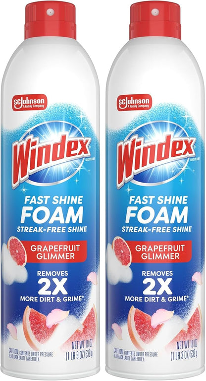 Windex Fast Shine Foam Glass Cleaner Supplies, No-Drip Window & Mirror Aerosol Spray, Streak-Free, Removes Fingerprints, Dust, Dirt & Smoke Film, Grapefruit Scent, 19 oz