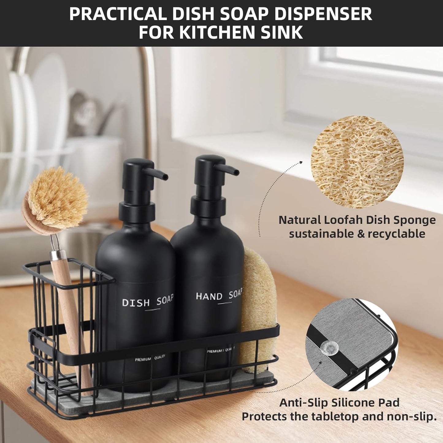 Dish Soap Dispenser for Kitchen, 16.9 fl oz Amber Hand and Dish Soap Dispensers, Kitchen Soap Dispenser Set with Sponge Holder, Brush Holder and Loofah Sponge, Countertop Sink Organizer Accessories