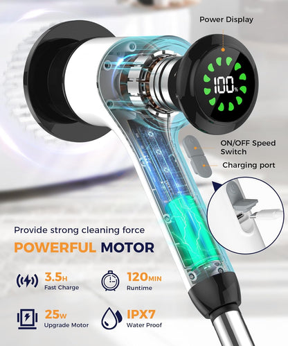 Electric Spin Scrubber, Cordless Cleaning Brush with 7 Replaceable Brush Heads, 2-Speed Adjustable Handle Shower Scrubber, IPX7 Waterproof for Bathroom, Tub, Tile & Floor, Teens, White-qb1...