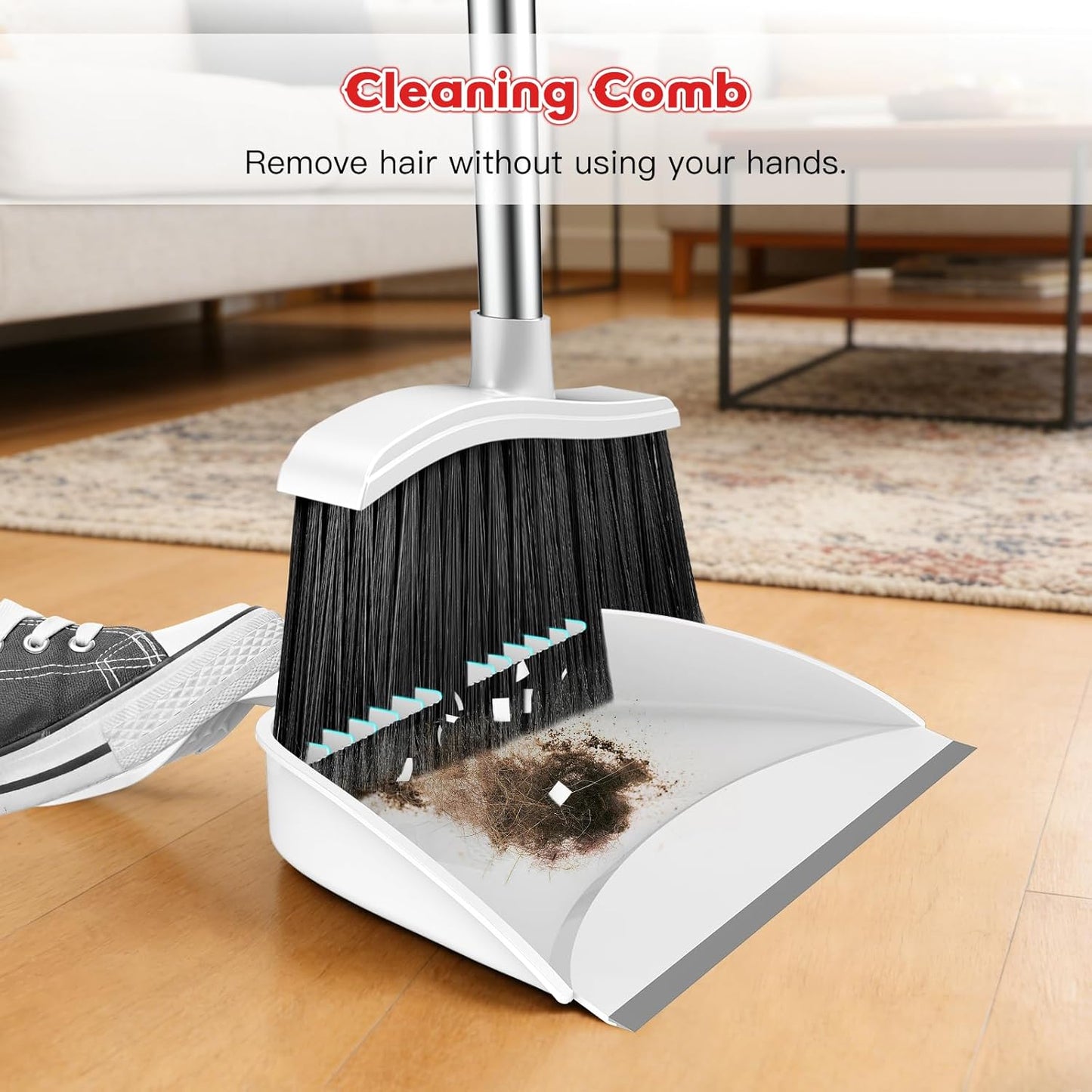 Broom and Step-on Dustpan Set, 59-in Adjustable Long Handle Broom with Dustpan Combo Set Outdoor Angle Broom for Sweeping Indoor Dust Pet Hair for Cleaning Kitchen Garage Deck Patio, Black&Red