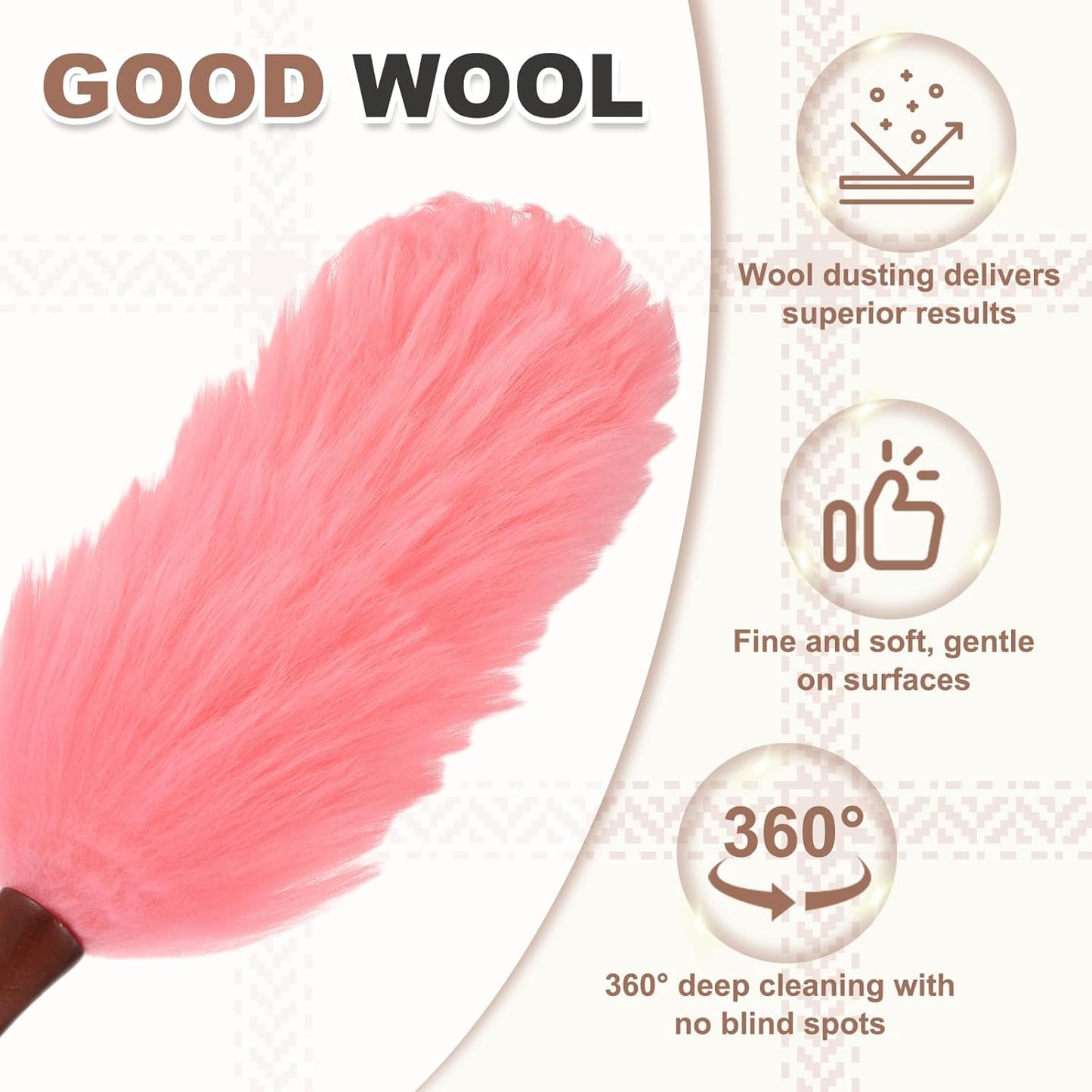 uxcell Wool Duster, 14.2" Natural Feather Cleaner Household Cleaning Duster with Solid Wooden Handle for Cleaning Fans Window Blinds Shelves Furniture, Pink