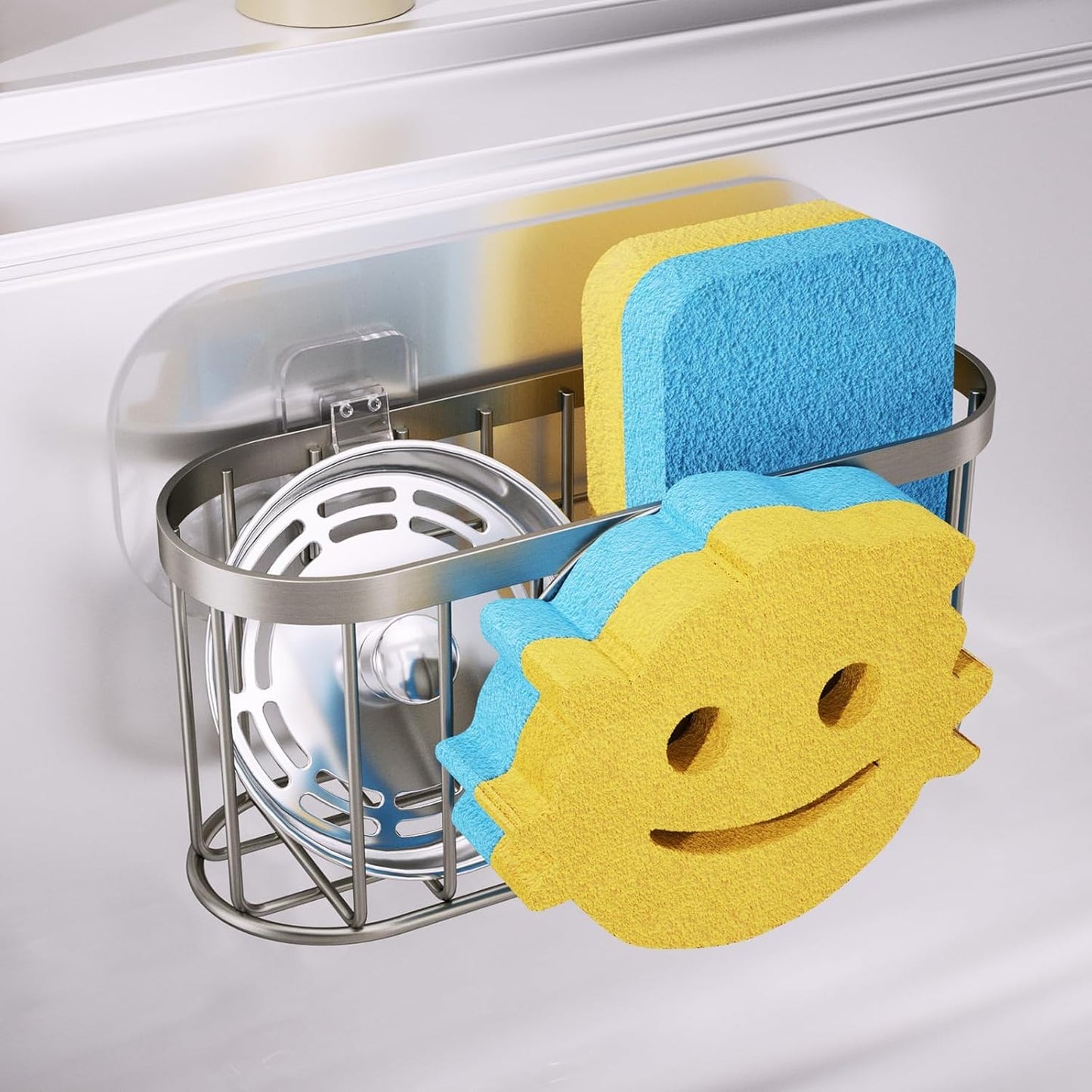 Consumest Sponge Holder Sink Caddy - Ladder Shaped Sponge Holder for Kitchen Sink with 2 Installation Ways (Suction Cups & Adhesive Hook), Rustproof Stainless Steel Kitchen Organizer, Silver