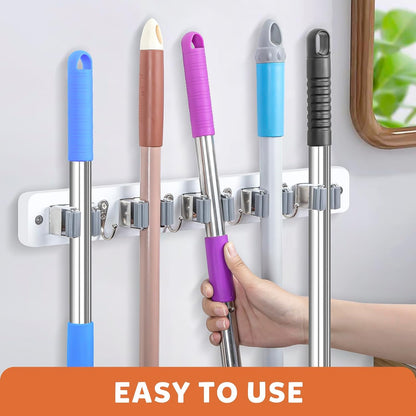 IMILLET Broom Holder Wall Mount, Rustic Wood Broom Hanger with 5 Racks and 4 Hooks, Laundry Room Organization and Storage, Mop Holder for Home Decor, Garden, Garage, Kitchen, Closet