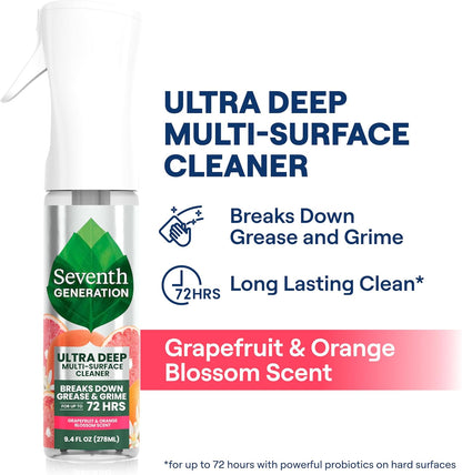 Seventh Generation Ultra Deep Probiotic Multi Surface Cleaner, 9.4 Fl Oz, Fresh Breeze, 80% USDA Biobased All Purpose Cleaning Spray, Breaks Down Tough Grease & Grime, Safe for Kids & Pets