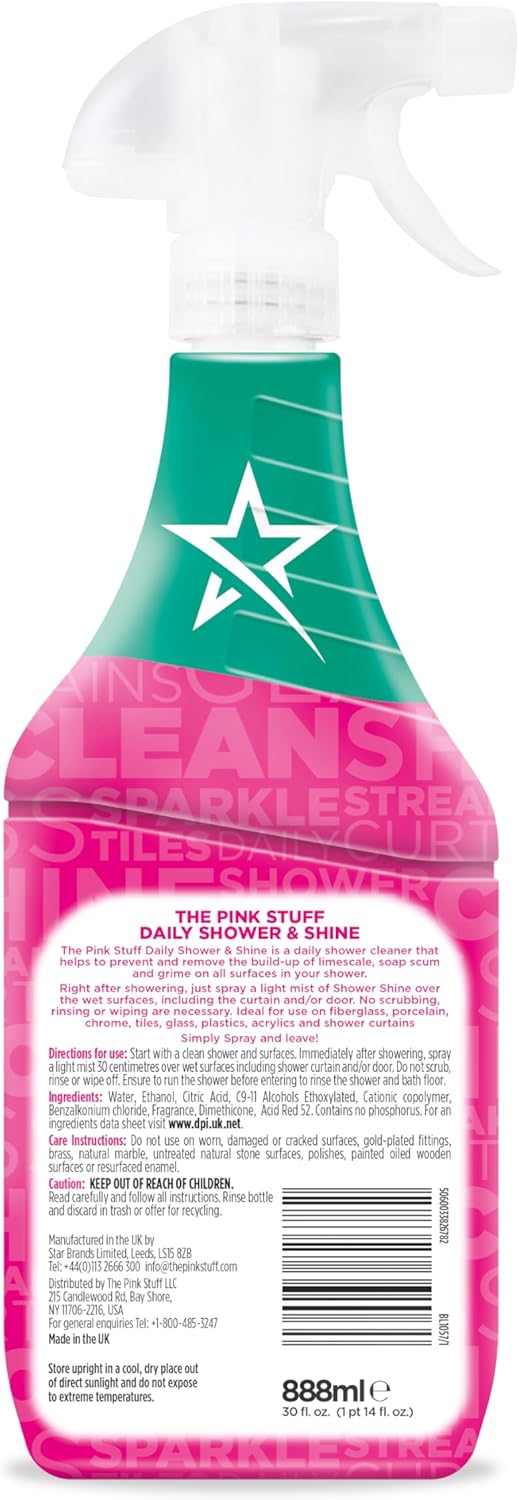 The Pink Stuff Miracle Daily Shower & Shine Spray – 30oz Bathroom Cleaner for Glass, Tile, Mirrors & Chrome – Prevents Soap Scum & Watermarks – No Rinse Spray & Leave Formula