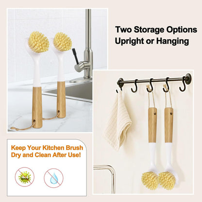 Dish Brush Set with Bamboo Handle, Kitchen Brushes for Cleaning Pot, Sink and Stove, Skillet Scrubber with Tough Bristles for Cast Iron Grill Pan, 2 Pack