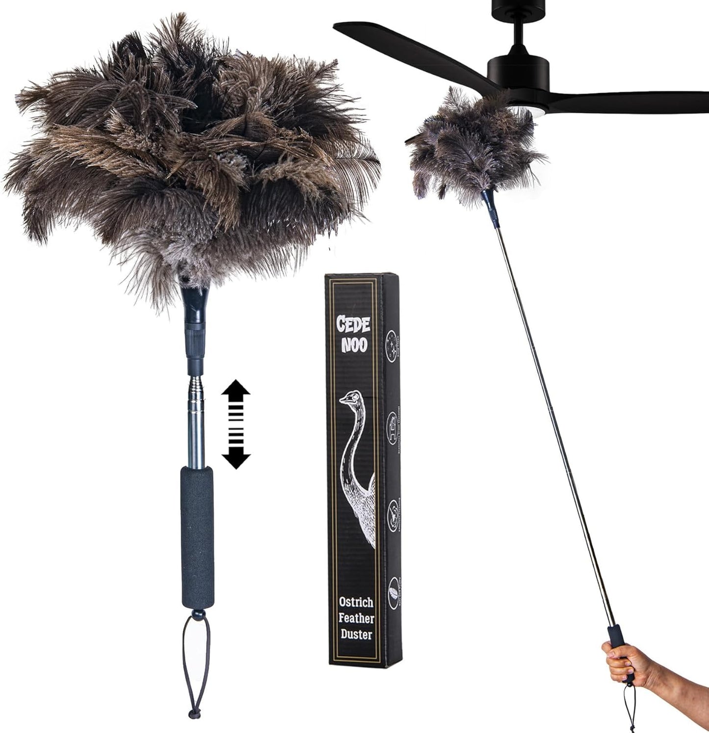 Extendable Ostrich Feather Duster, Natural Ostrich Feathers Long Handle Duster for Cleaning, 47” Soft & Fluffy Feather Duster for High Ceilings, Fans, Walls, Furniture, Home Dusting