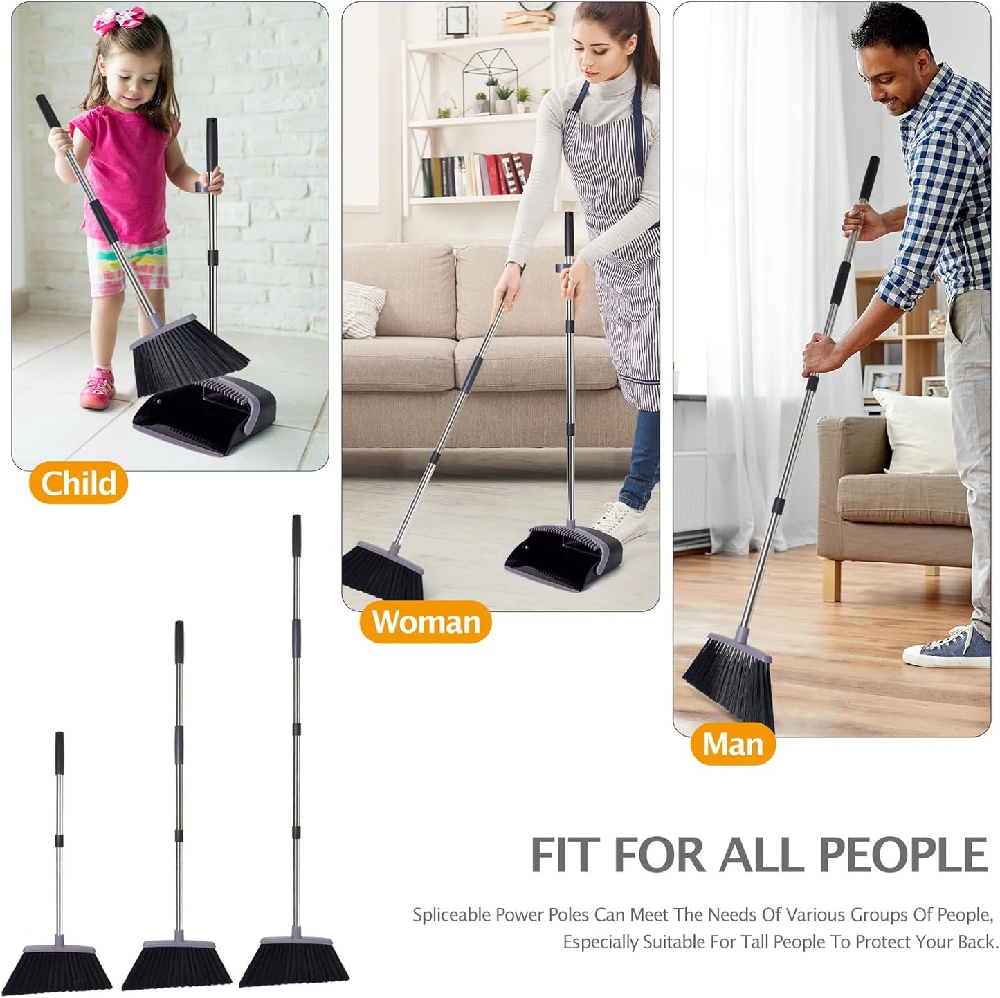 Broom and Dustpan Set with Long Handle, Light Weight Stainless Steel Poles Stand Upright Dustpans with Broom Combo for Home Kitchen Office Pet Dog Hair, Brown & Beige Color, 1-Pack
