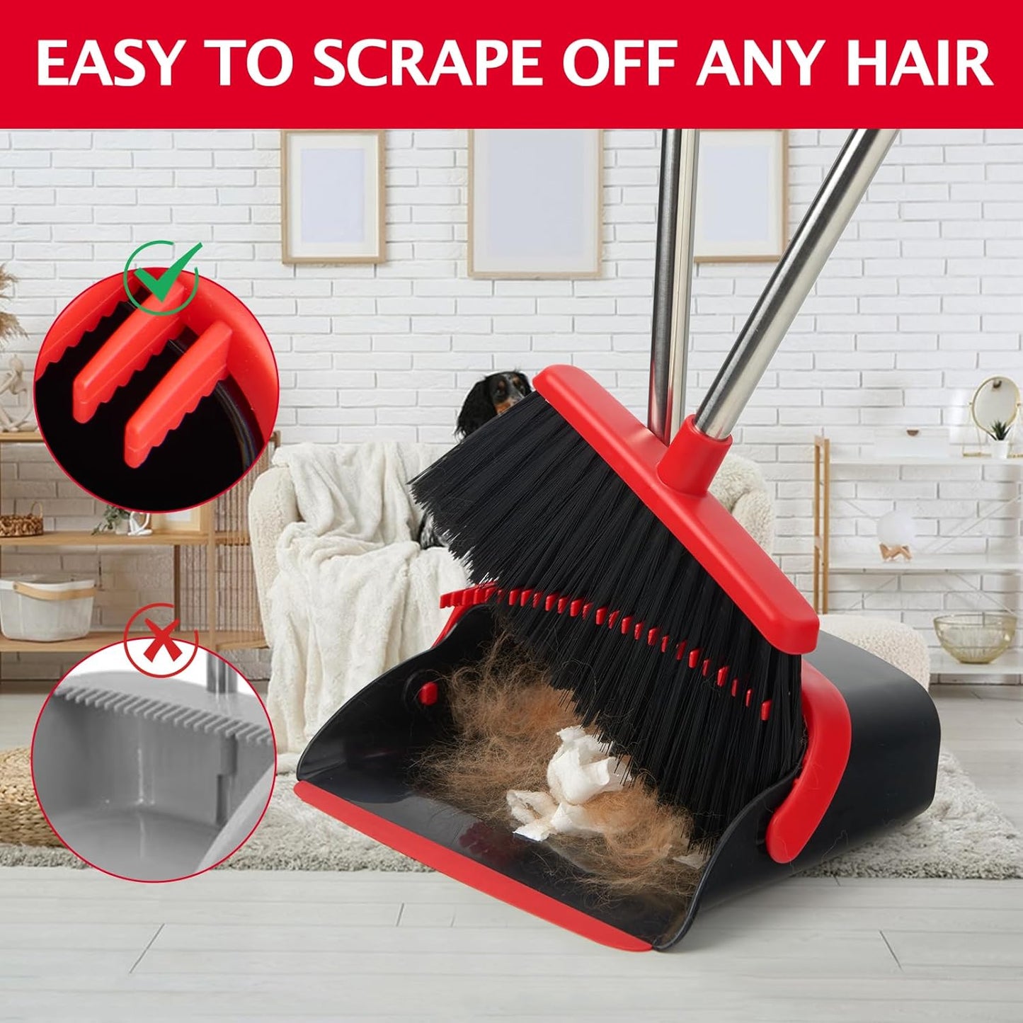 Broom and Dustpan Set, Long Handle Lightweight Dustpans with Broom Combo for Home, Indoor&Outdoor Sweeping for Home Room Kitchen Office Lobby (Charcoal)